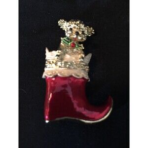 Vtg Scotty Dog In Christmas Stocking Pin Holiday Jewelry
